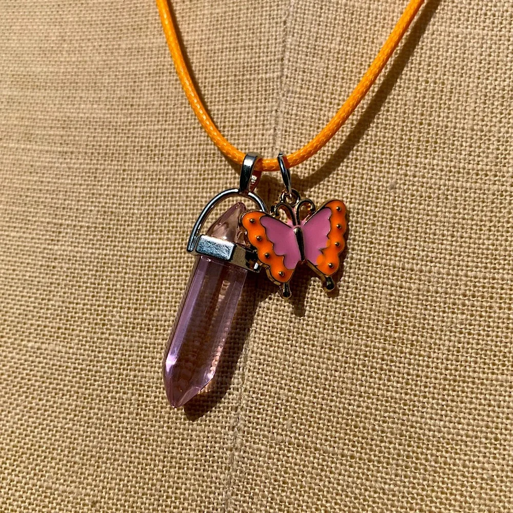 Handmade Dagger Light Pink Resin Crystal Amulet Necklace & Butterfly Charm - Picture 1 of 9